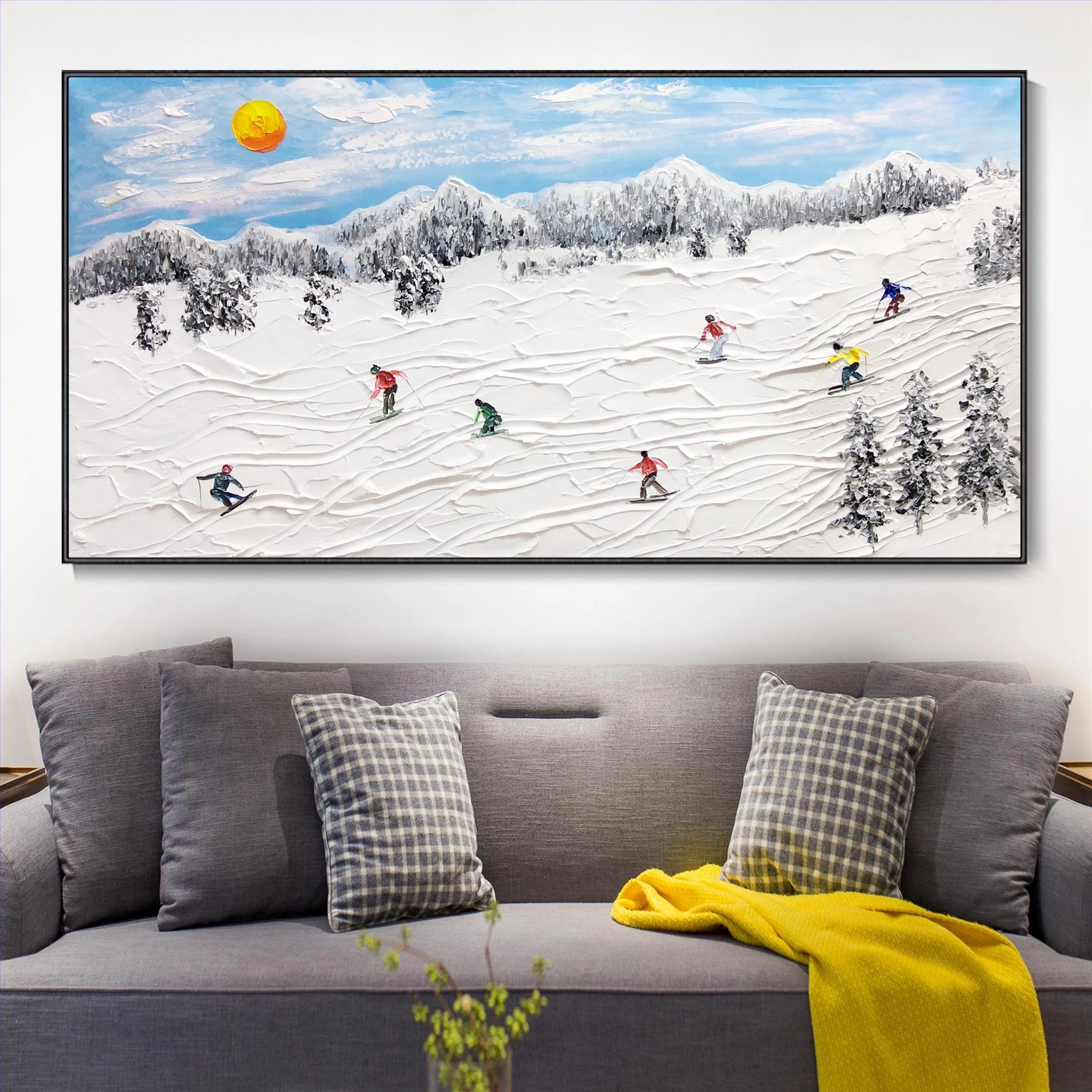 Skier on Snowy Mountain Wall Art Sport White Snow Skiing Room Decor by Knife 18 texture Oil Paintings